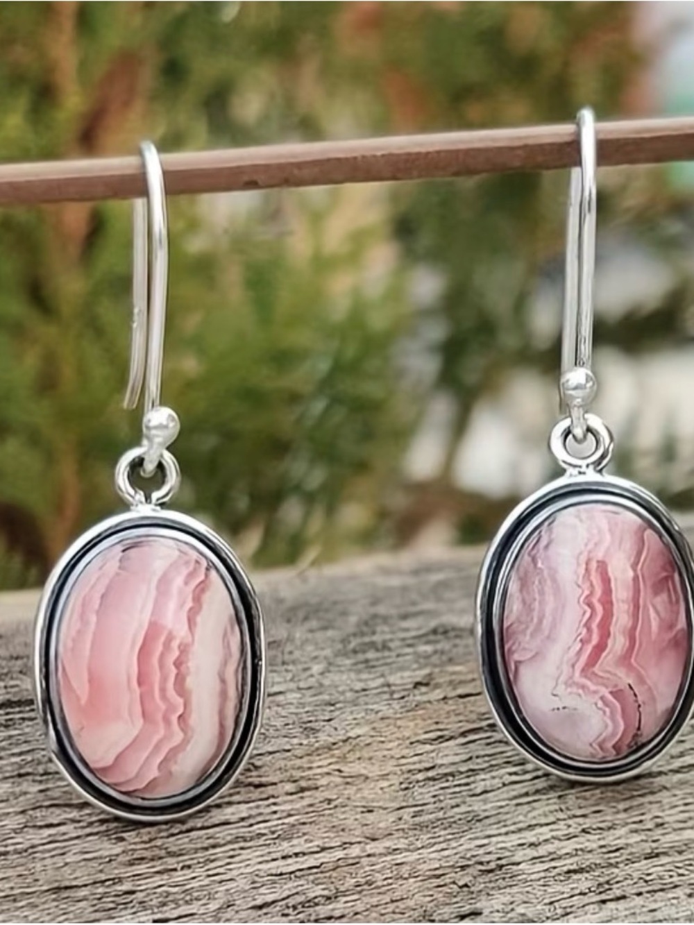 Silver Pink Rhodochrosite Oval Drop Earrings